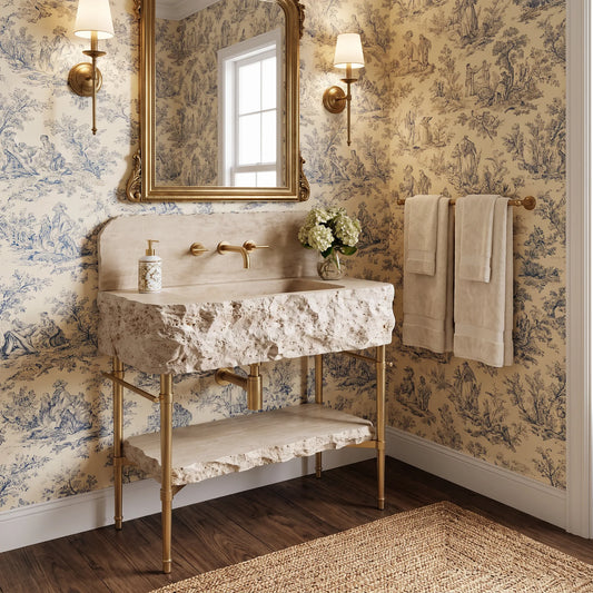 Toscana 30 inch Travertine marble bathroom vanity with sink and solid brass console legs in a luxury bathroom