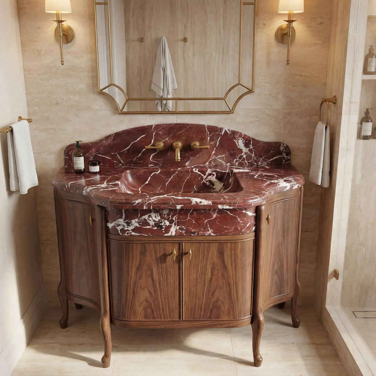 Tremaine custom Rosso Levanto marble bathroom vanity with integrated sink and handcrafted walnut cabinet