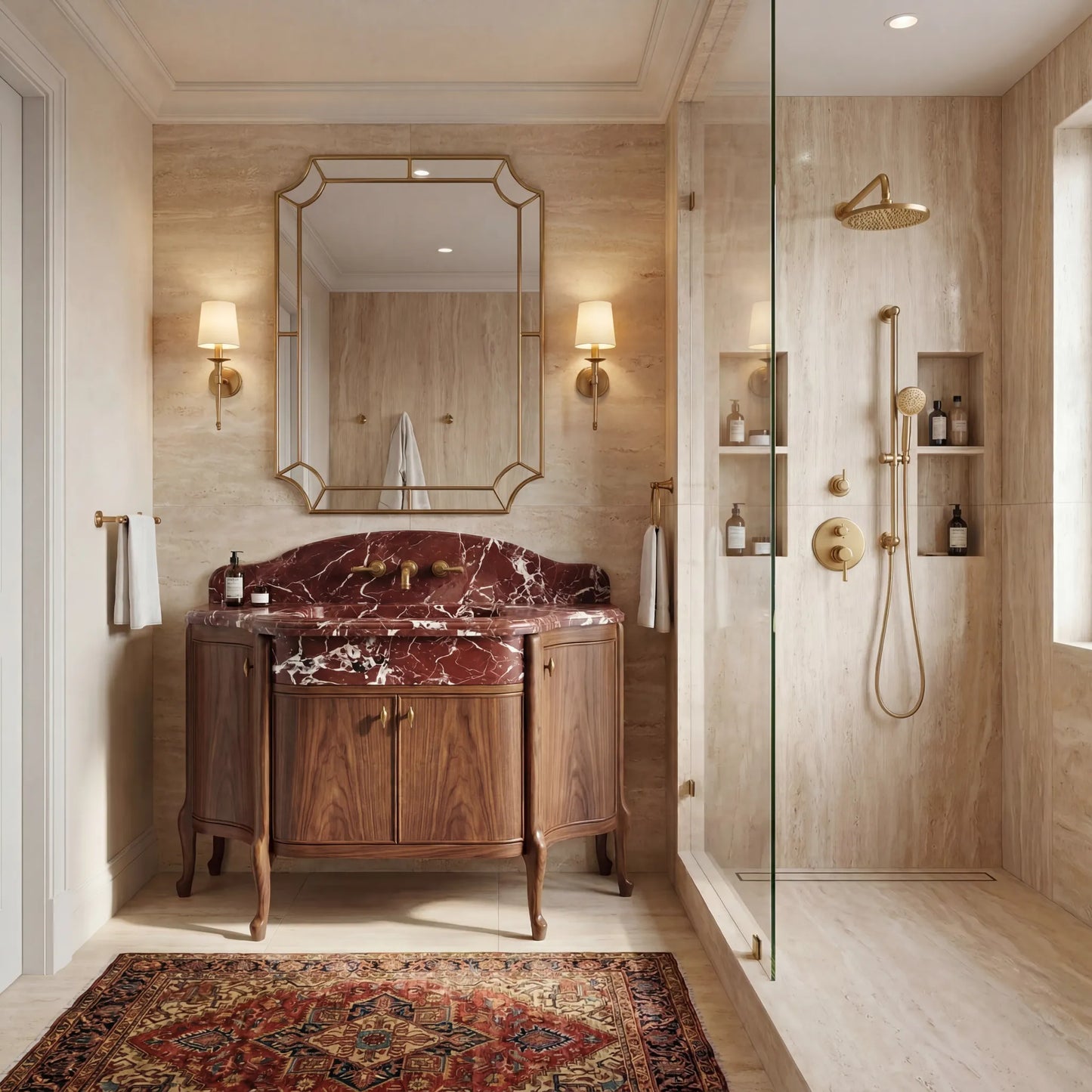 Tremaine Rosso Levanto marble bathroom vanity with walnut cabinet in a luxury bathroom interior