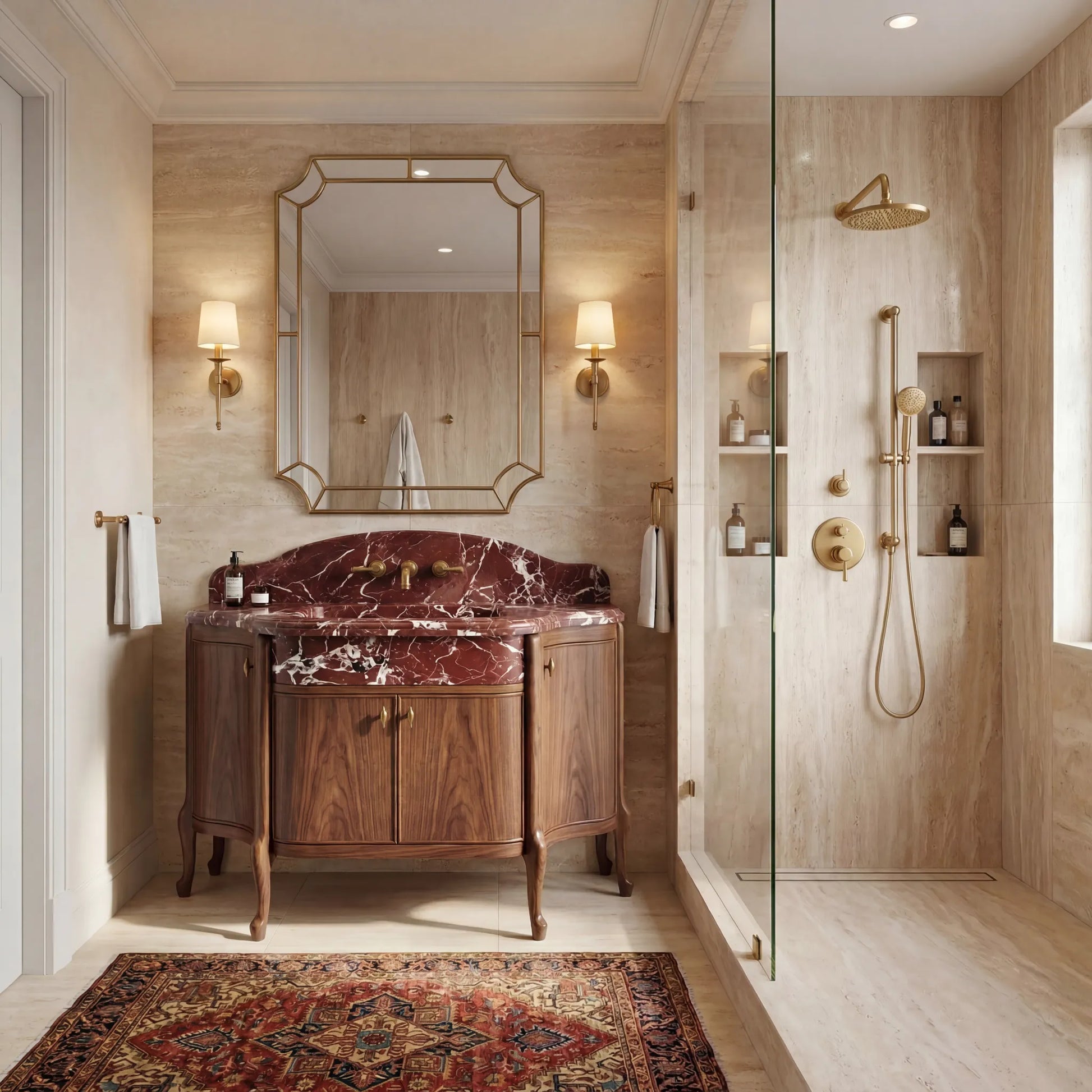 Tremaine Rosso Levanto marble bathroom vanity with walnut cabinet in a luxury bathroom interior