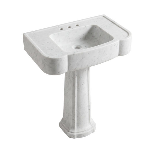 Valdora custom Carrara White marble pedestal bathroom sink with integrated rectangular basin, curved front corners, three faucet holes and sculpted pedestal base