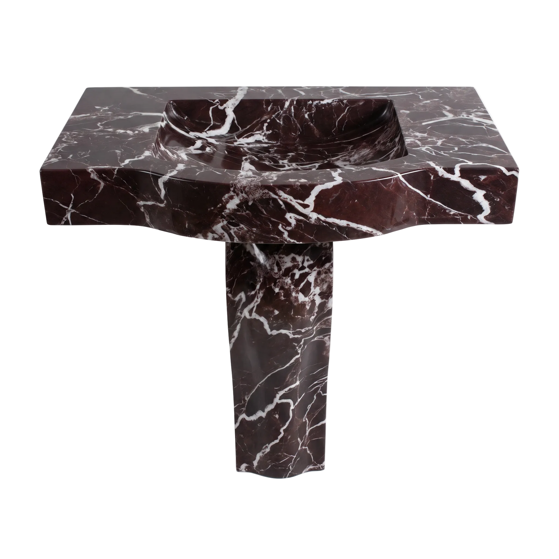 Valdora custom Rosso Levanto marble pedestal bathroom sink with integrated carved basin, deep burgundy color, bold white veining and sculptural pedestal base