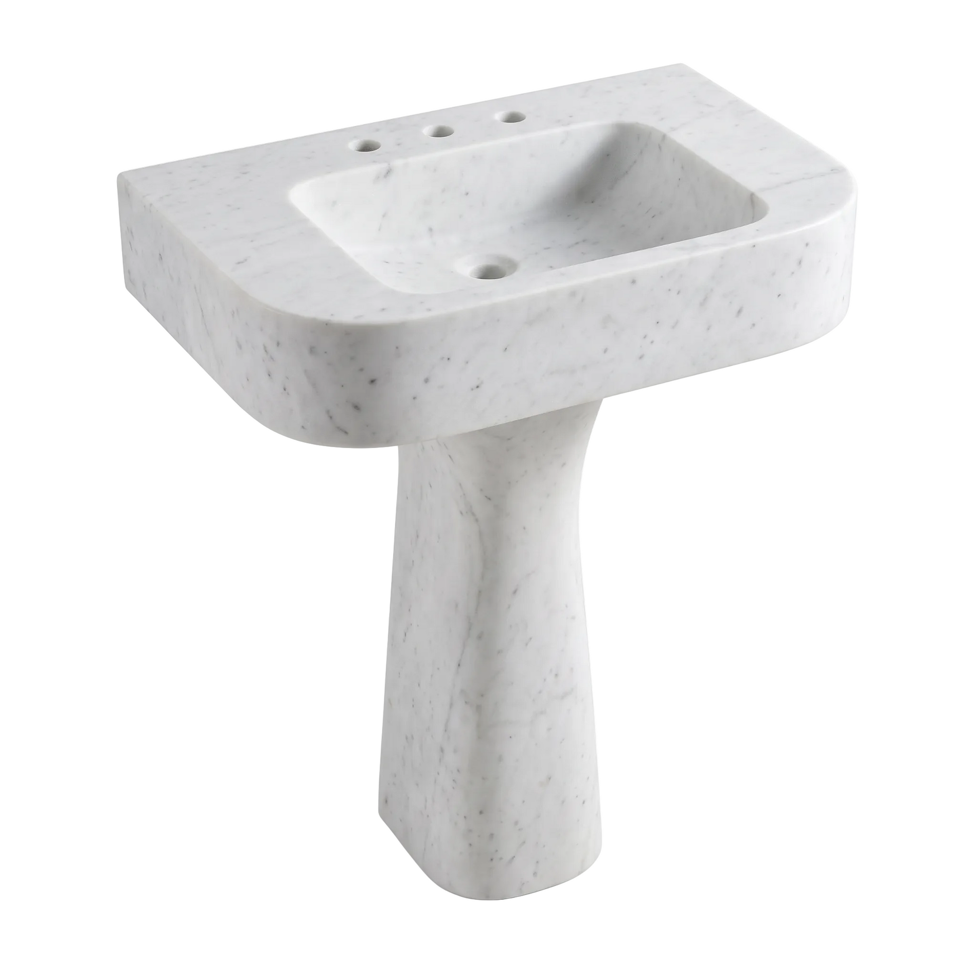 Valdoro custom Carrara White marble pedestal bathroom sink with integrated rectangular basin, rounded front corners and sculptural tapered pedestal
