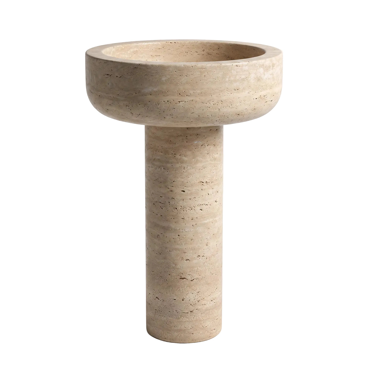 Valdren natural travertine pedestal bathroom sink with wide rounded basin and slim cylindrical base