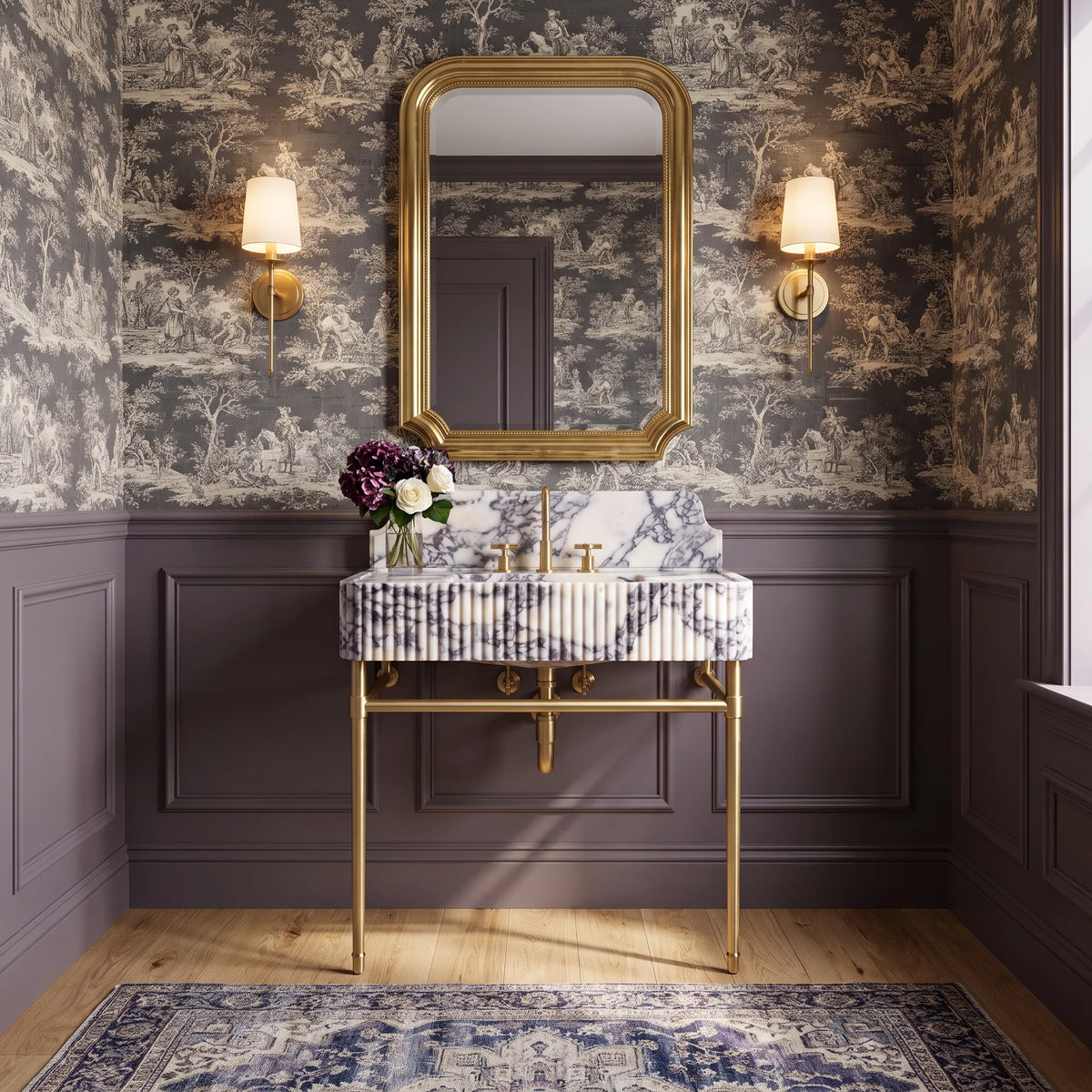 Valenza 30 inch Calacatta Viola marble bathroom vanity with sink and solid brass console legs in a luxury bathroom