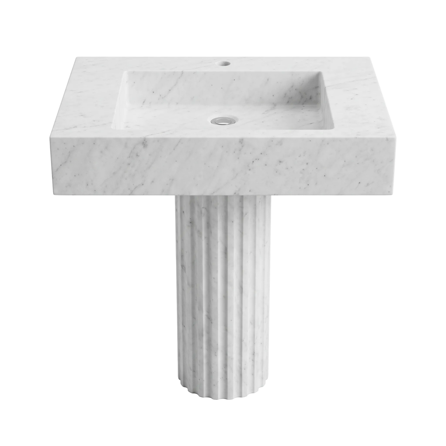 Valerio custom Carrara White marble pedestal bathroom sink with rectangular integrated basin, thick apron and vertically fluted pedestal