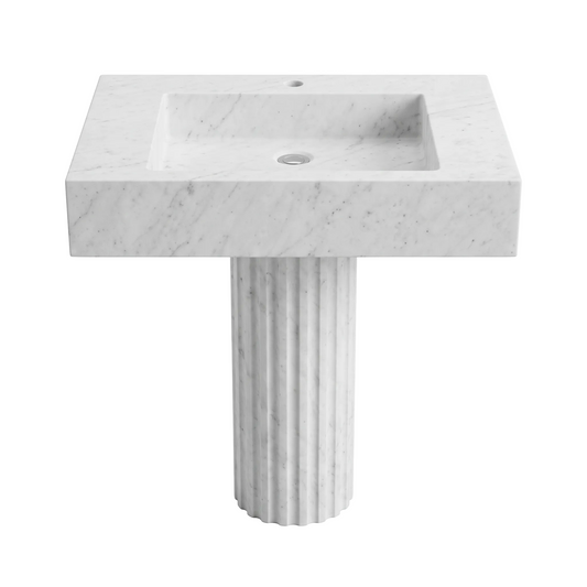 Valerio custom Carrara White marble pedestal bathroom sink with rectangular integrated basin, thick apron and vertically fluted pedestal
