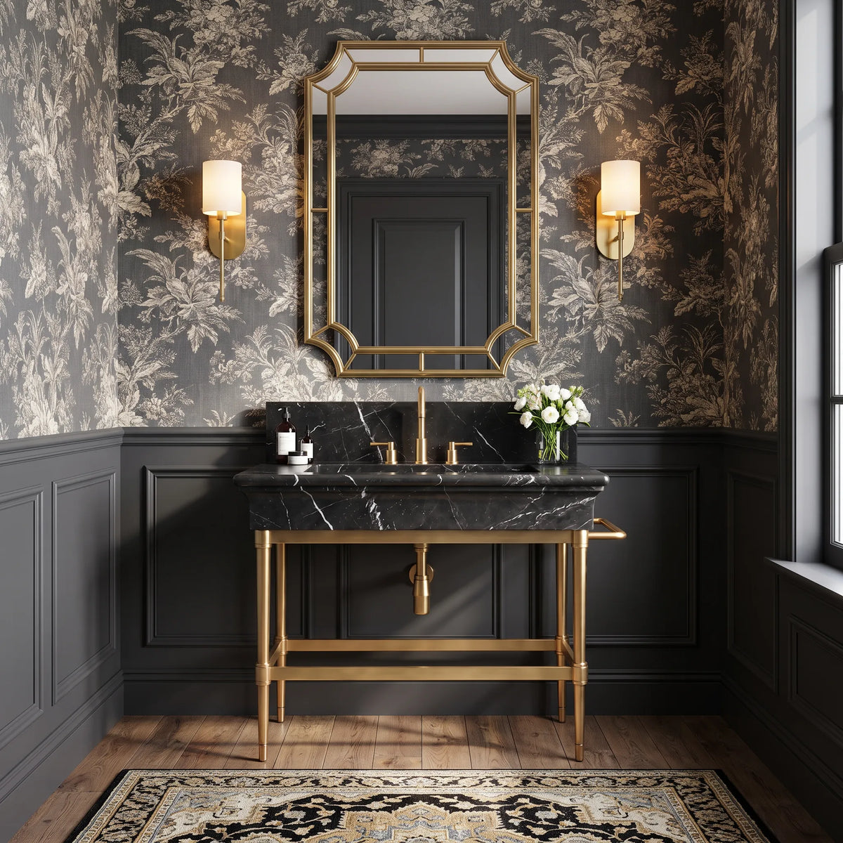 Valleria 30 inch Nero Marquina marble bathroom vanity with sink and solid brass console legs in a luxury bathroom