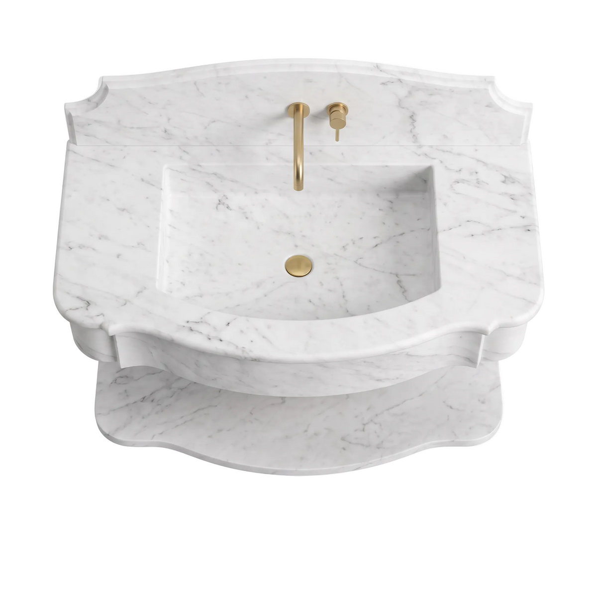 Valletta 30 inch Carrara White floating marble bathroom sink with matching backsplash and lower marble shelf