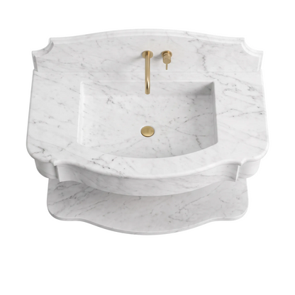 Valletta 30 inch Carrara White floating marble bathroom sink with matching backsplash and lower marble shelf