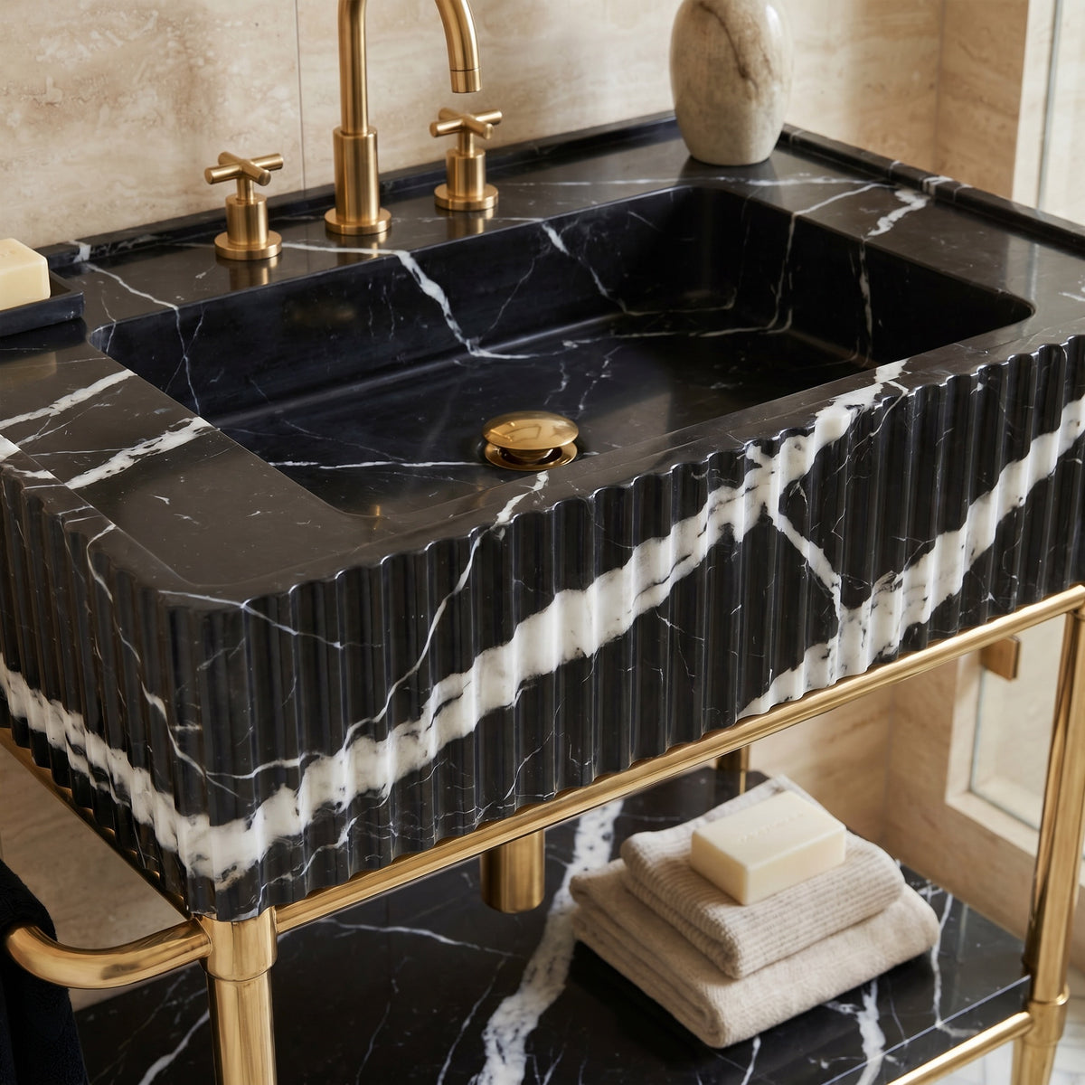 Valmont 30 inch Nero Marquina marble bathroom vanity with sink and solid brass console legs in a luxury bathroom