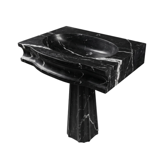 Varenna custom Nero Marquina marble pedestal bathroom sink with integrated oval basin, sculpted curved apron and fluted pedestal base with natural white veining