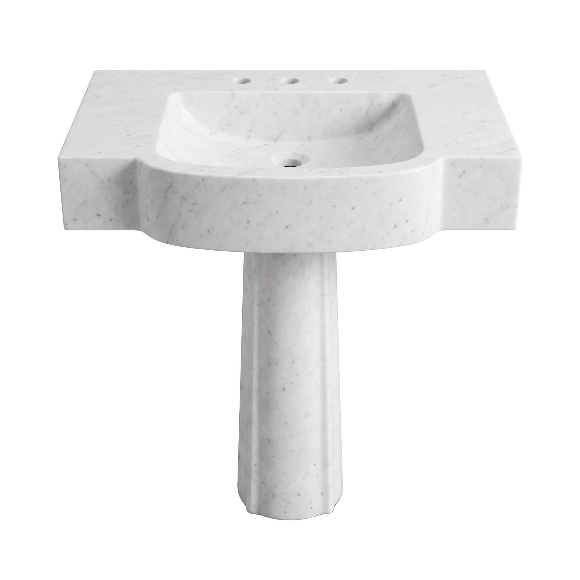 Velmora custom Carrara White marble pedestal bathroom sink with thick sculpted curved front, rectangular integrated basin, three faucet holes and carved pedestal base