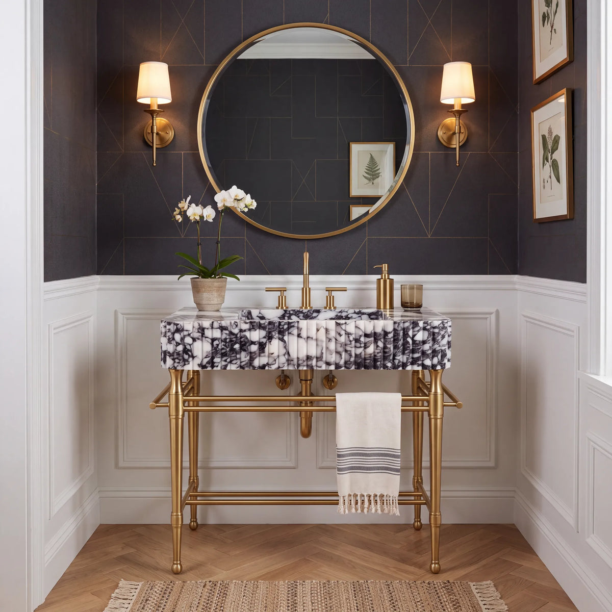 Verona 30 inch Calacatta Viola marble console sink vanity with fluted front and brass legs