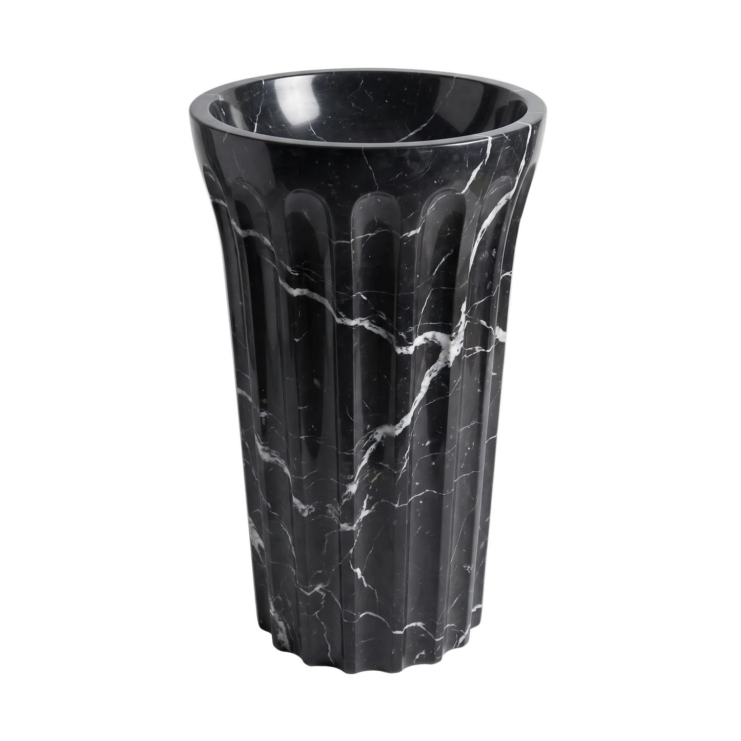 Verona custom Nero Marquina marble pedestal bathroom sink with deep round integrated basin, vertical fluted exterior and polished black marble with natural white veining