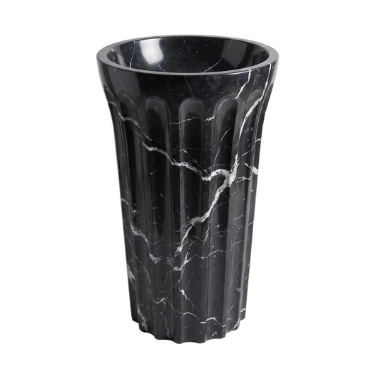 Verona custom Nero Marquina marble pedestal bathroom sink with deep round integrated basin, vertical fluted exterior and polished black marble with natural white veining