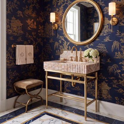 Verona Luxe 30 inch Calacatta Gold marble console sink vanity with fluted front and solid brass legs