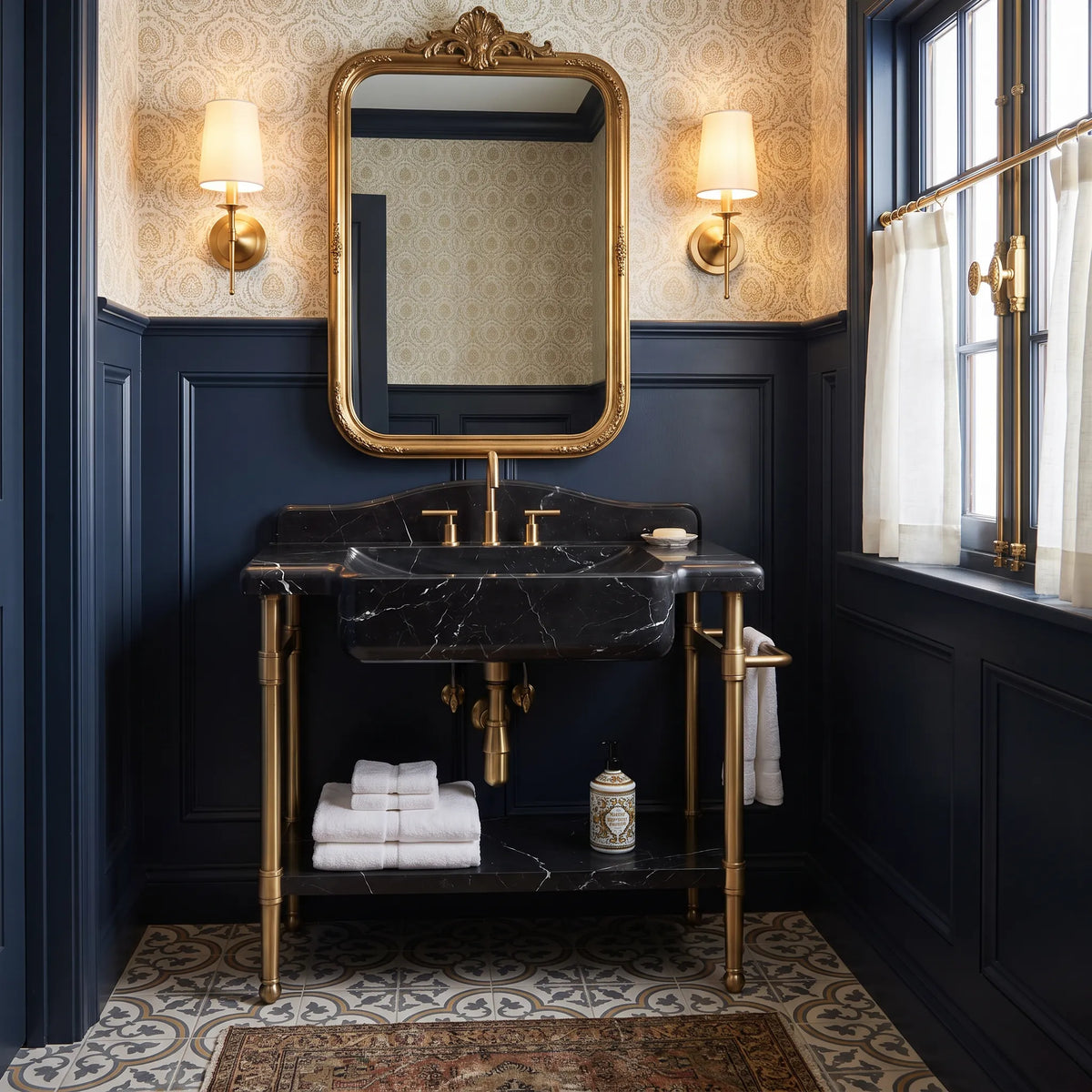 Vertex 30 inch Nero Marquina marble bathroom vanity with sink and solid brass console legs in a luxury bathroom