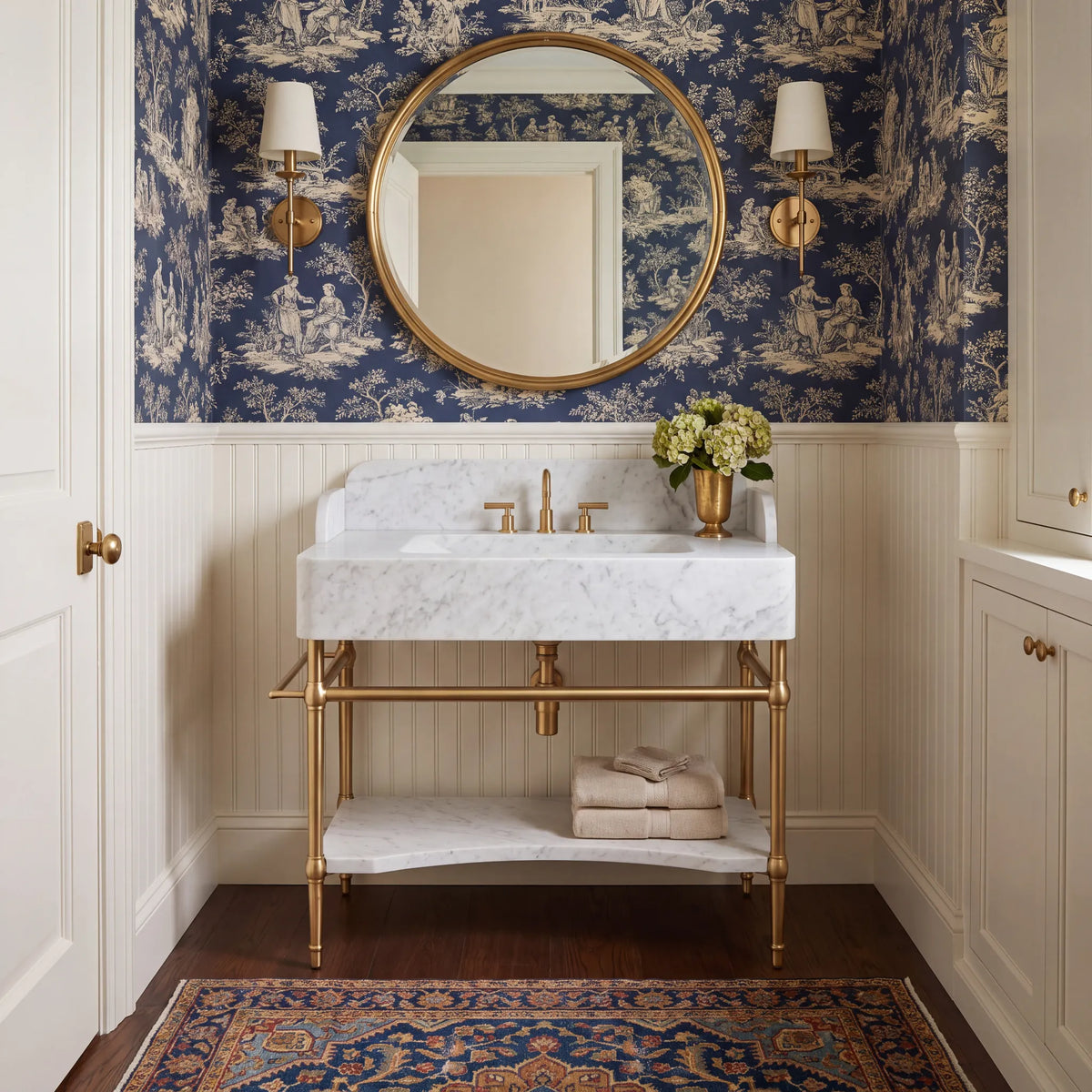 Vicenza 30 inch Carrara White marble console sink vanity with brass legs and marble shelf