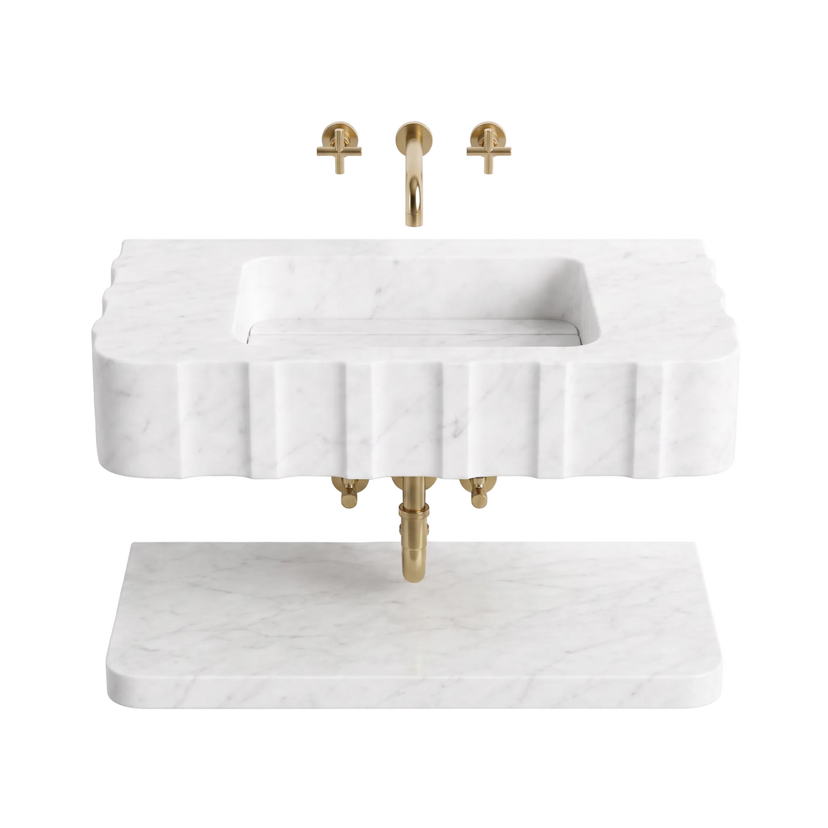 Vienna 30 inch Carrara White floating marble bathroom sink with fluted front and lower marble shelf