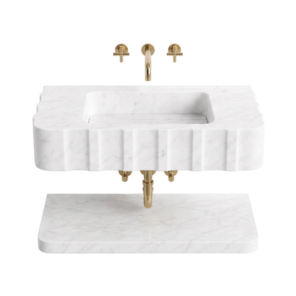 Vienna 30 inch Carrara White floating marble bathroom sink with fluted front and lower marble shelf