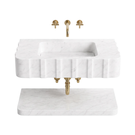 Vienna 30 inch Carrara White floating marble bathroom sink with fluted front and lower marble shelf
