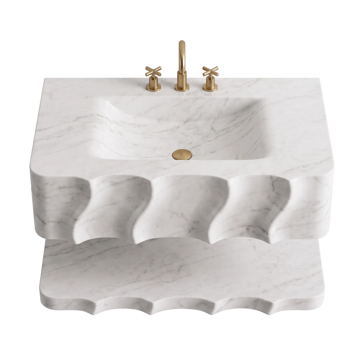 Vilnius 30 inch Carrara White floating marble bathroom sink with sculpted design and matching marble shelf