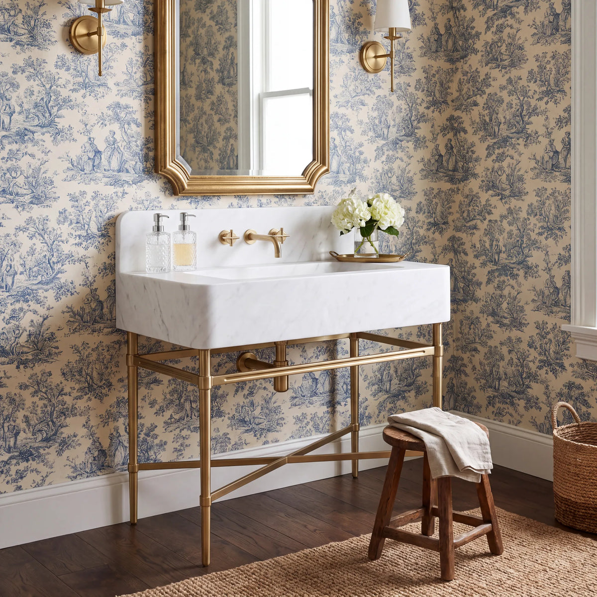 Virella 30 inch Calacatta White marble bathroom vanity sink with solid brass console legs