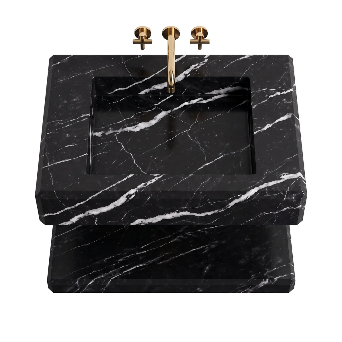 Vittoria 30 inch Nero Marquina floating marble bathroom sink with integrated basin and lower marble shelf