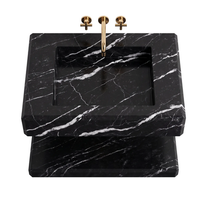 Vittoria 30 inch Nero Marquina floating marble bathroom sink with integrated basin and lower marble shelf