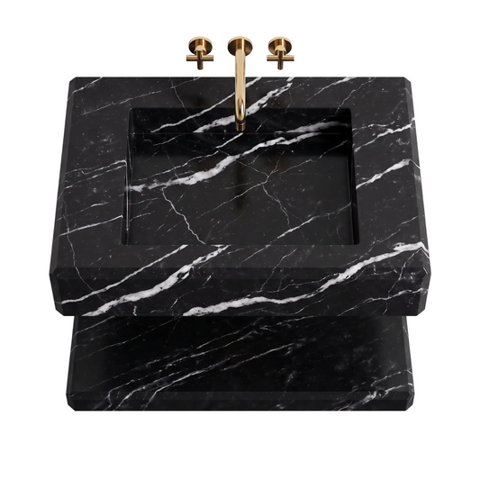 Vittoria 30 inch Nero Marquina floating marble bathroom sink with integrated basin and lower marble shelf
