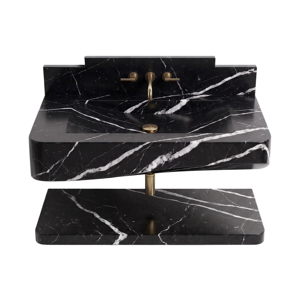 Westbridge 30 inch Nero Marquina floating marble bathroom sink with integrated basin and matching lower shelf