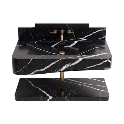 Westbridge 30 inch Nero Marquina floating marble bathroom sink with integrated basin and matching lower shelf