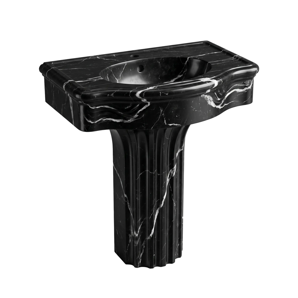 Wexmere Nero Marquina marble pedestal bathroom sink with sculpted rectangular basin, fluted column and natural white veining