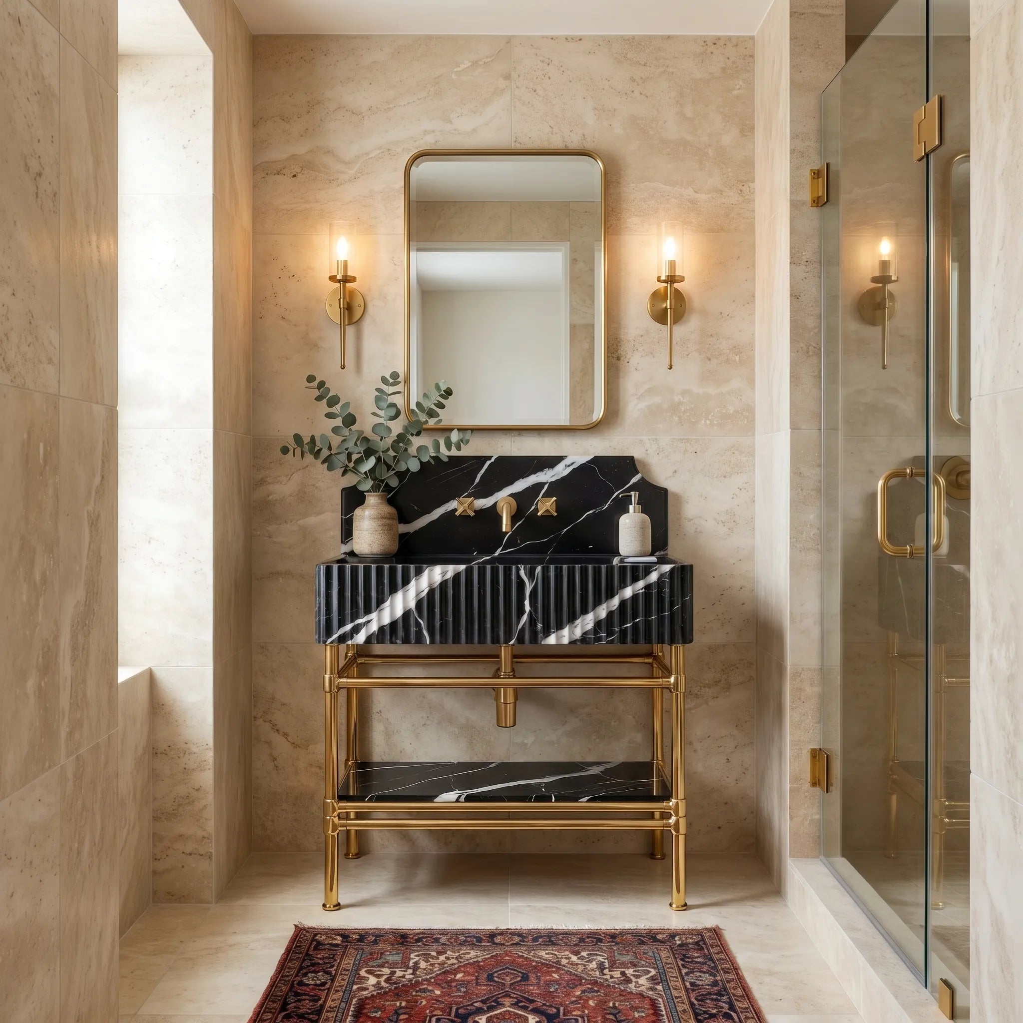 30" Nero Marquie Marble Sink With Brass Console Legs